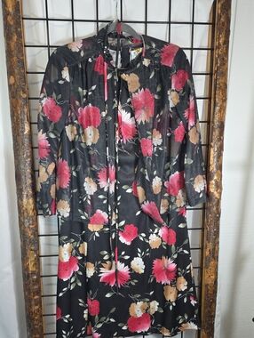 Floral Midi Dress in Black with Pink & Cream Blooms
